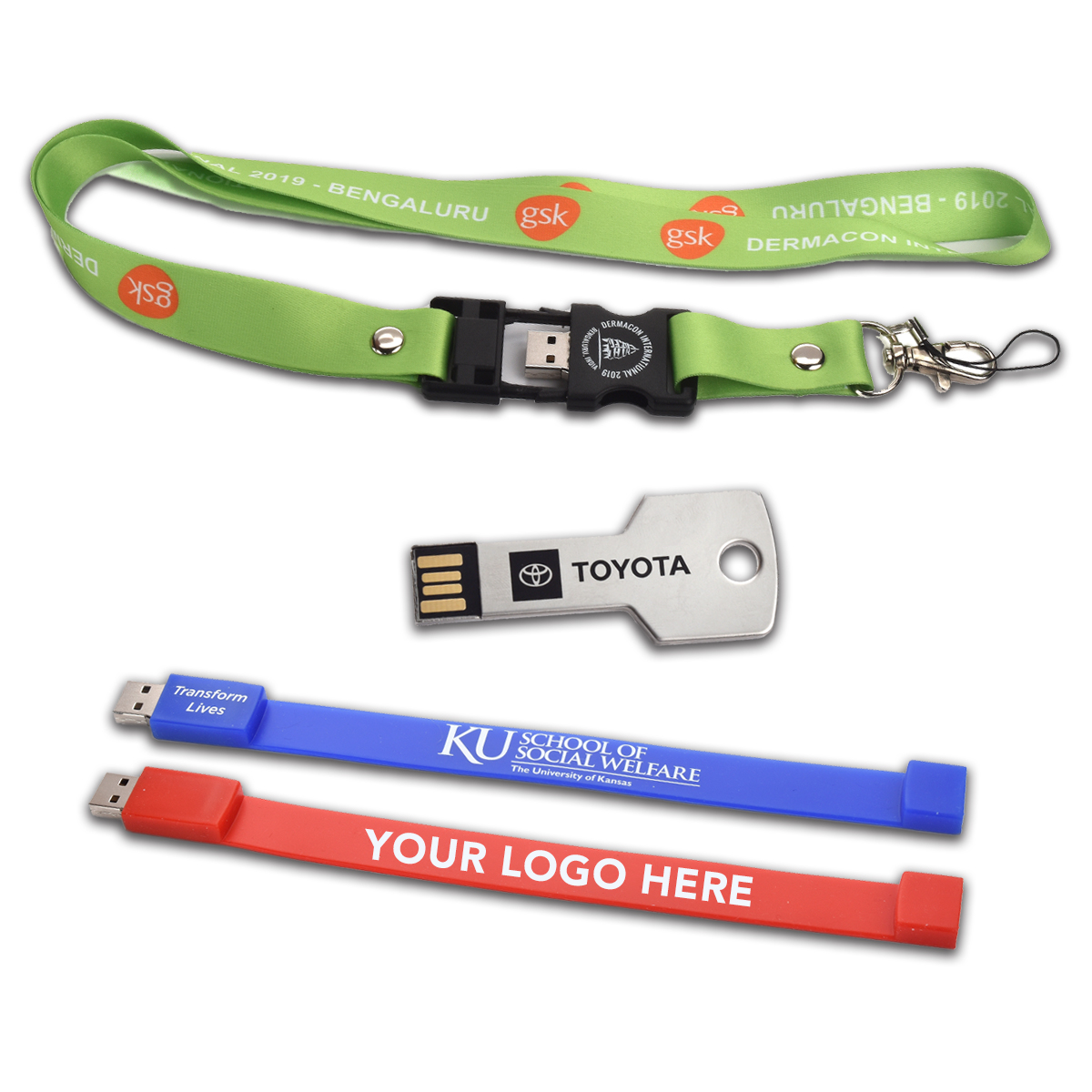 Personalized flash drives for trade shows and corporate events.