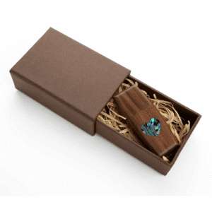 Walnutwood USB Flash Drive - Mother of Pearl Heart inlay - Wildwood Body - 2 piece paper box filled with Raffia Grass-0